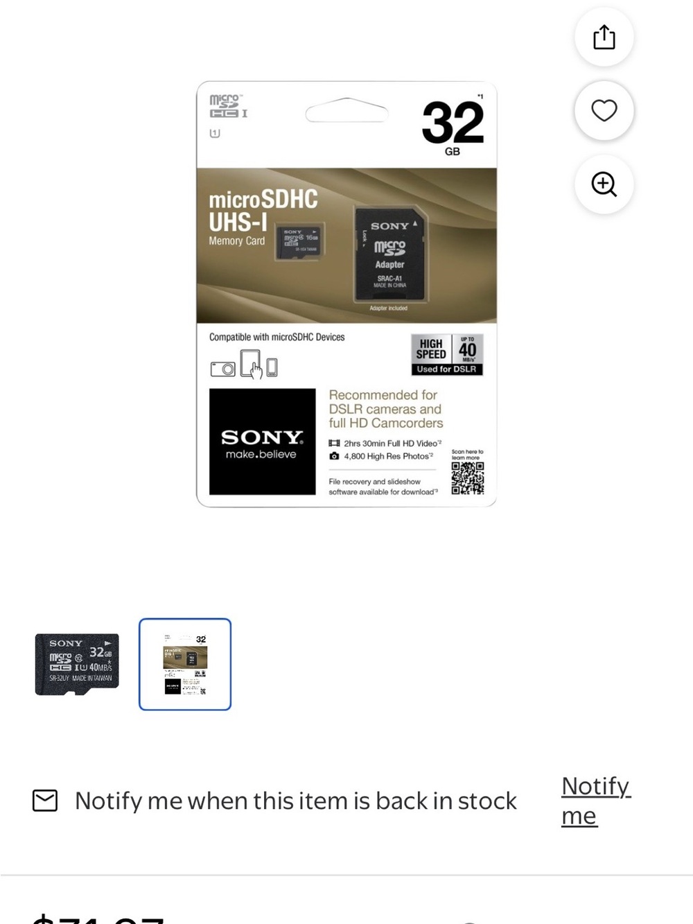 Sony 32GB microSDHC UHS-I Memory Card with Adapter - Black & Gold Packaging